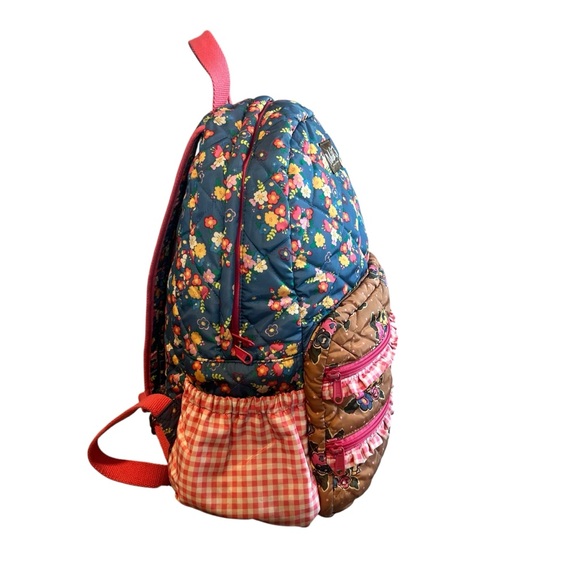 Matilda Jane quilted floral backpack blue brown gingham pink ruffle 16x11x5 - Picture 3 of 14